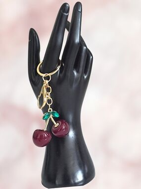 Dark Red Cherry Bag Charm / Keychain - Gold